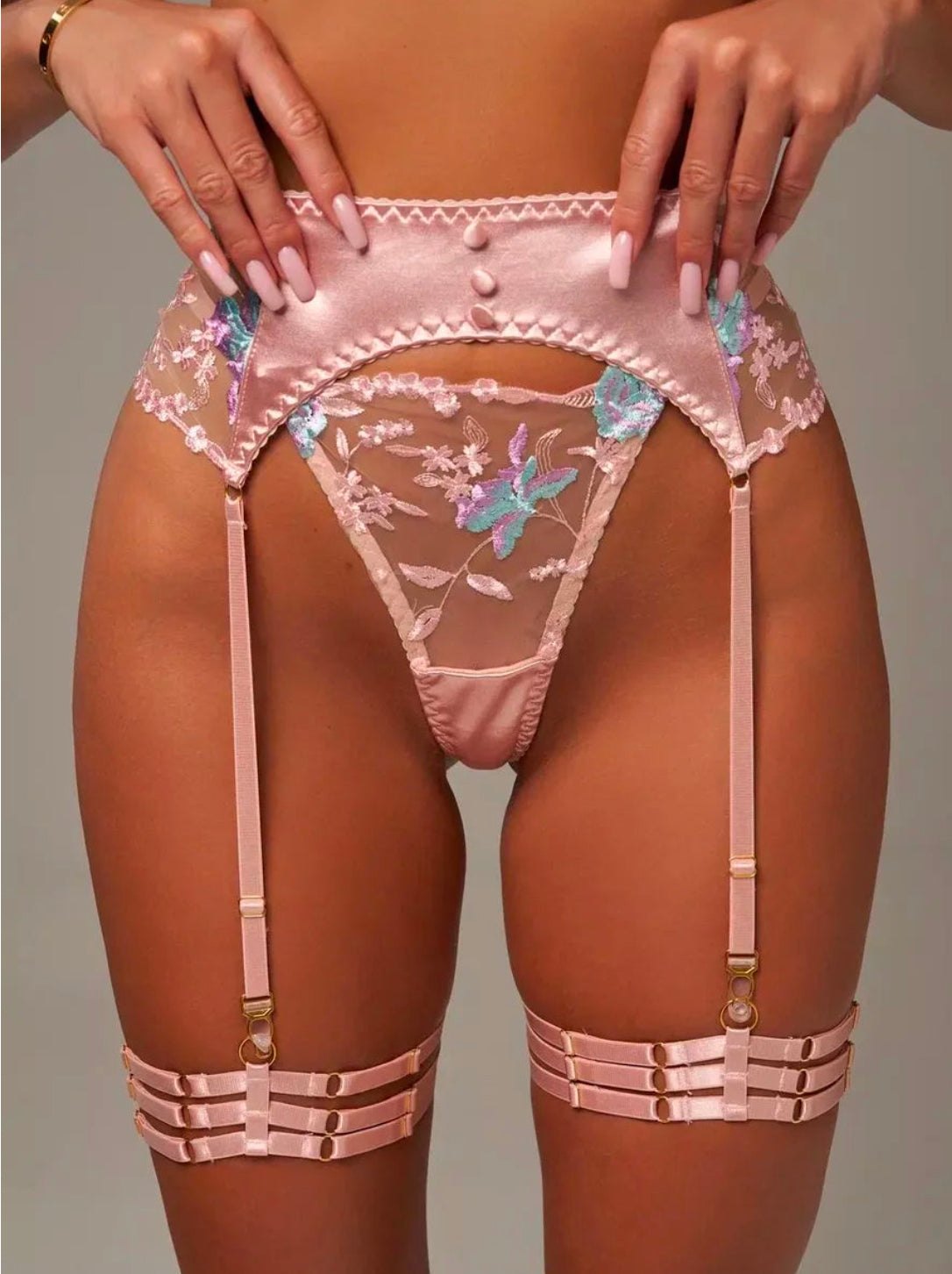 Floral Embroidered Satin Garter Set - Garter Lingerie Set