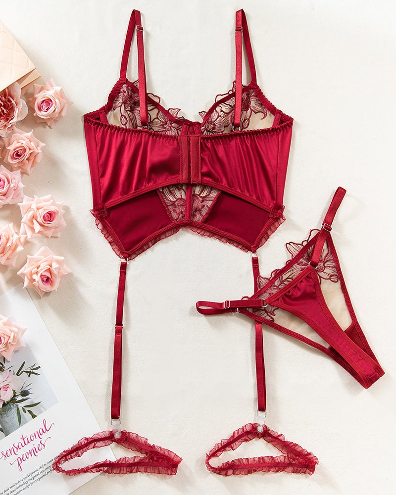 Floral Colorblock Satin Garter Set - Garter Lingerie Set