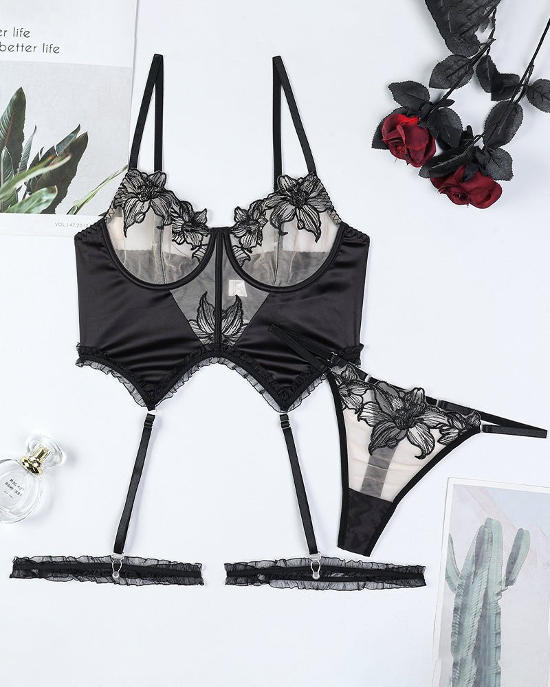 Floral Colorblock Satin Garter Set - Garter Lingerie Set
