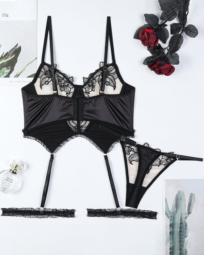 Floral Colorblock Satin Garter Set - Garter Lingerie Set