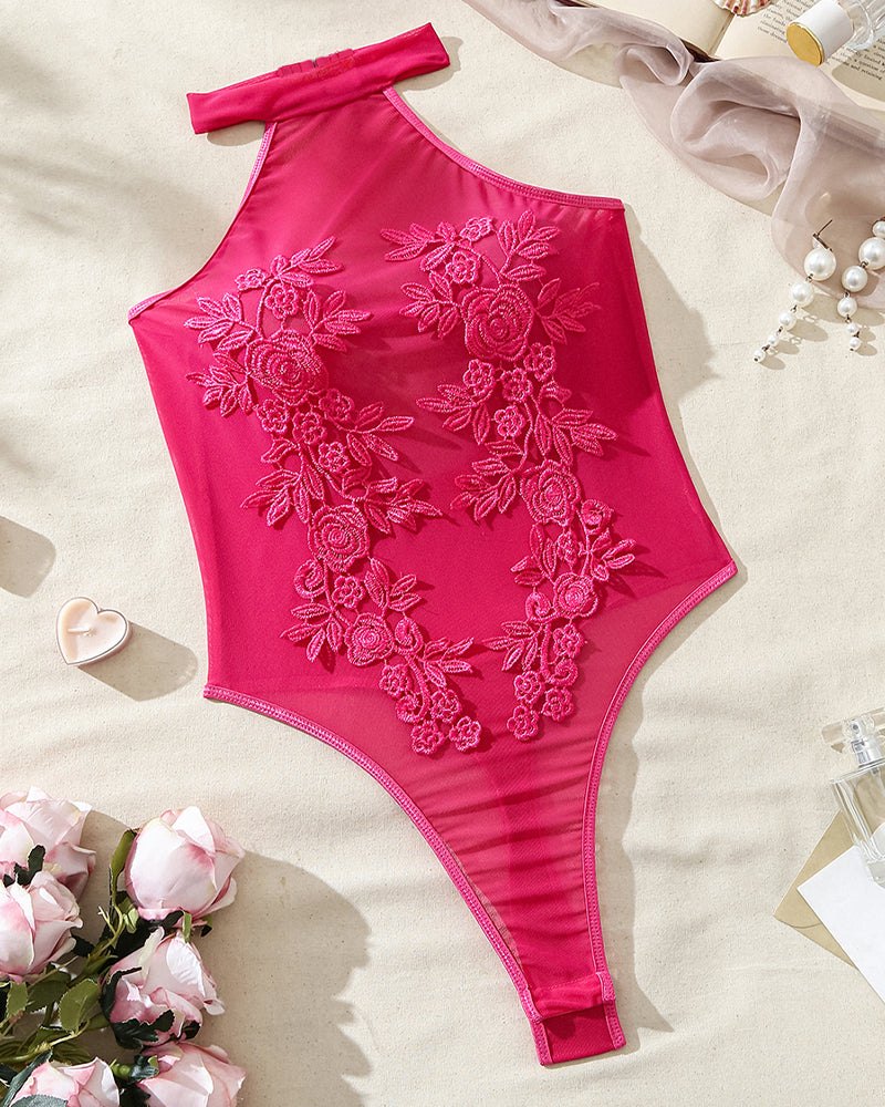 Floral Embroidered Mesh Bodysuit - Lingerie Bodysuit for Women