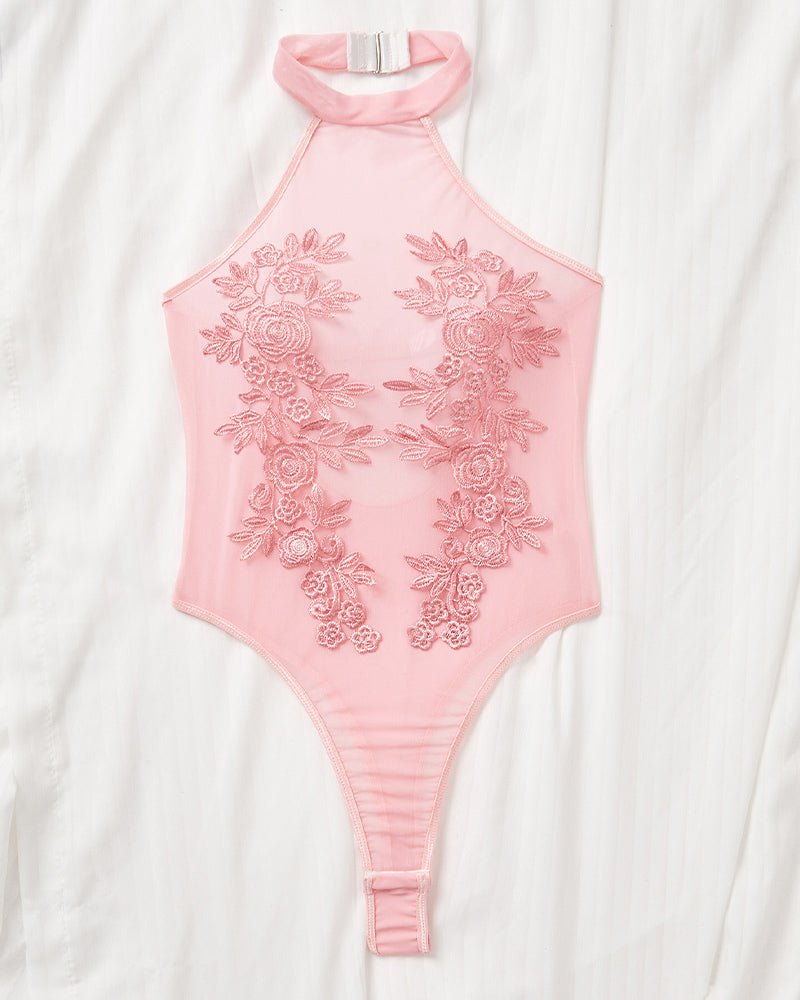 Floral Embroidered Mesh Bodysuit - Lingerie Bodysuit for Women