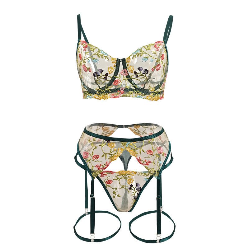 Floral Underwire Bra Leg Ring Set - Lingerie Set for Women