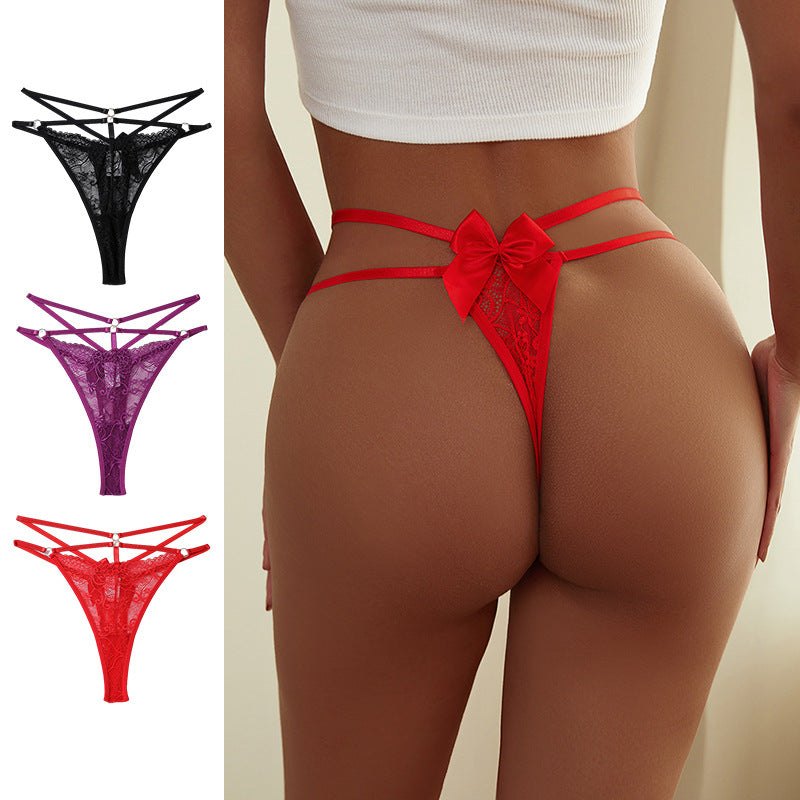 Floral Lace Bow Mid Waist Thong - Plus Size Lingerie