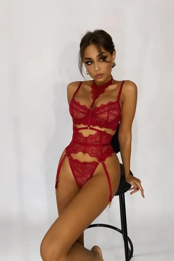 Floral Lace Choker Garter Set - Garter Lingerie Set