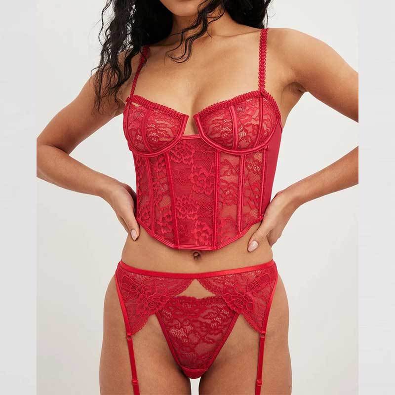 Floral Lace Corset Garter Set - Garter Lingerie Set