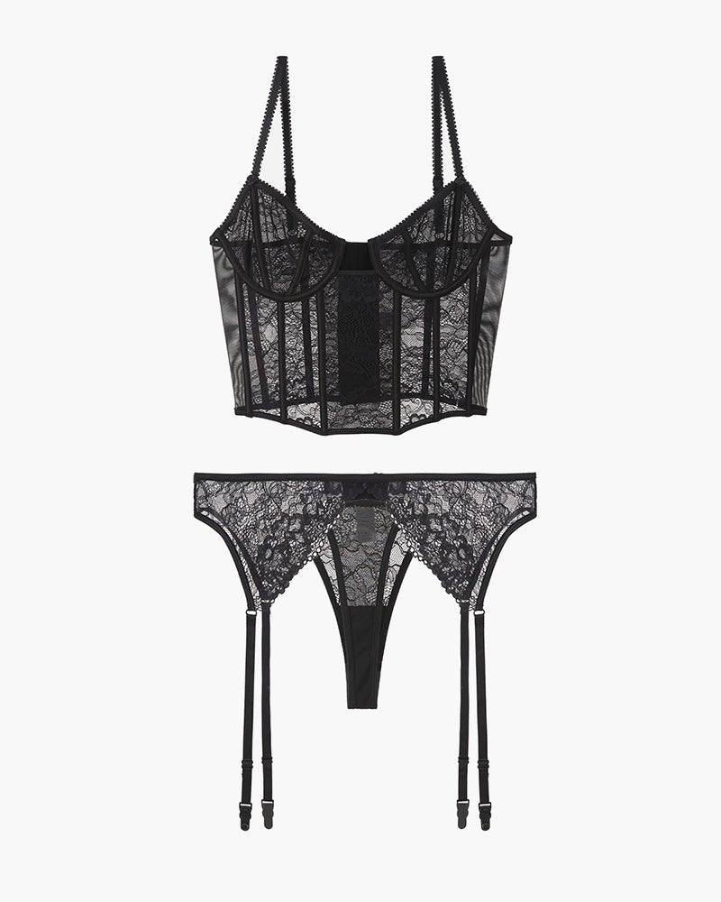 Floral Lace Corset Garter Set - Garter Lingerie Set