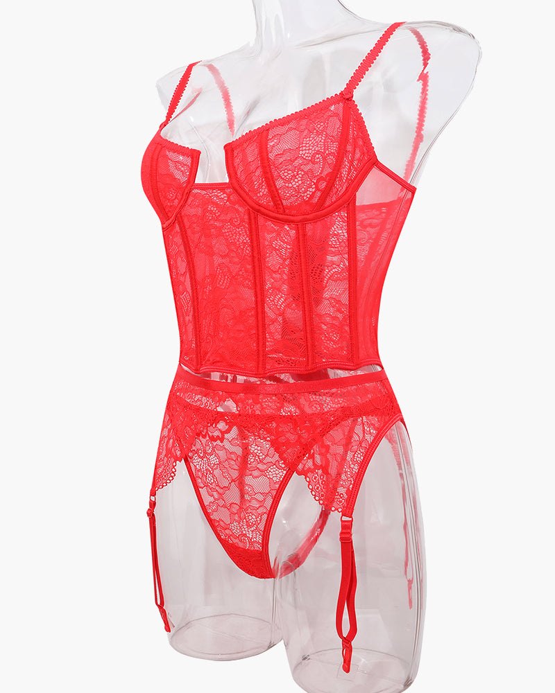 Floral Lace Corset Garter Set - Garter Lingerie Set