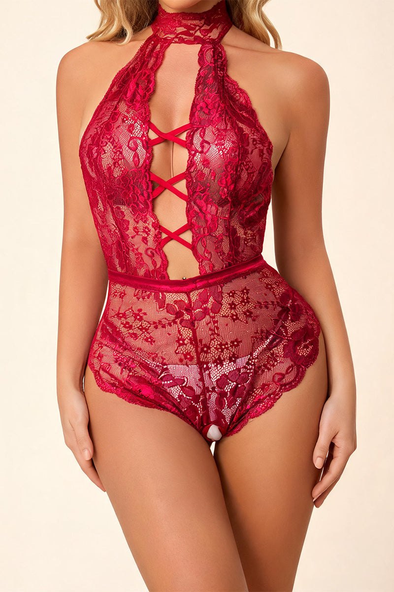 Floral Lace Criss-Cross Teddy - One Piece Lingerie