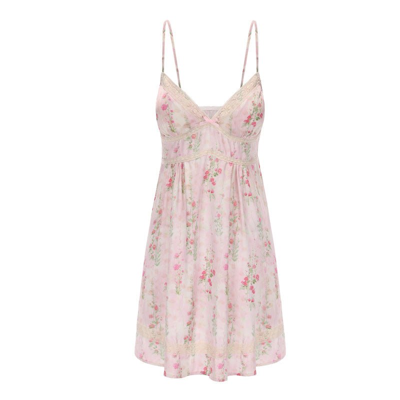 Floral Lace Deep V Satin Dress - Chemise Lingerie