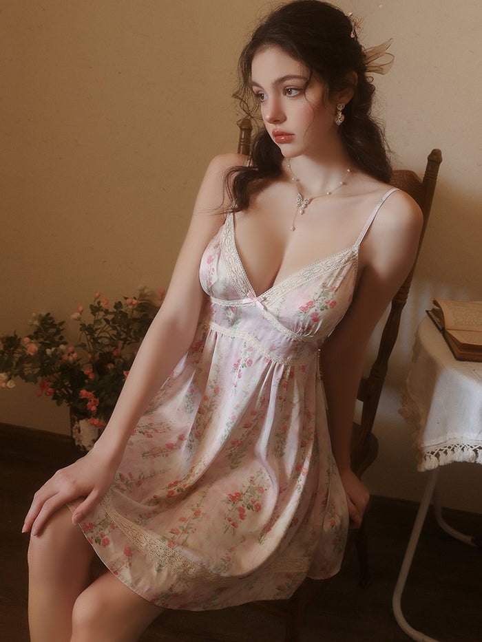Floral Lace Deep V Satin Dress - Chemise Lingerie