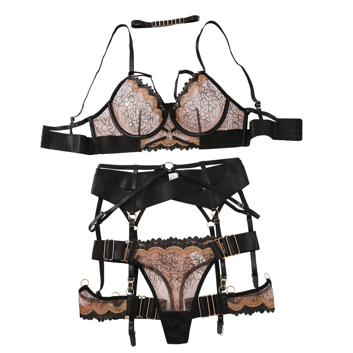 Longline Garter Embroidered Bra Set - Lingerie Set for Women