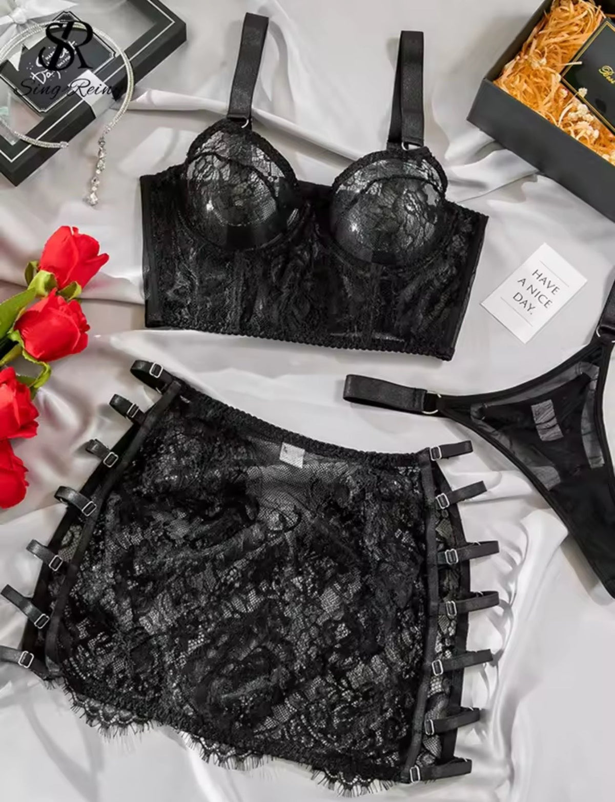 Floral Lace Mesh Lingerie Set - Bra and Panty Set