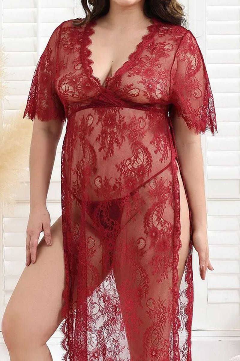 Floral Lace Mesh Long Gown - Plus Size Lingerie