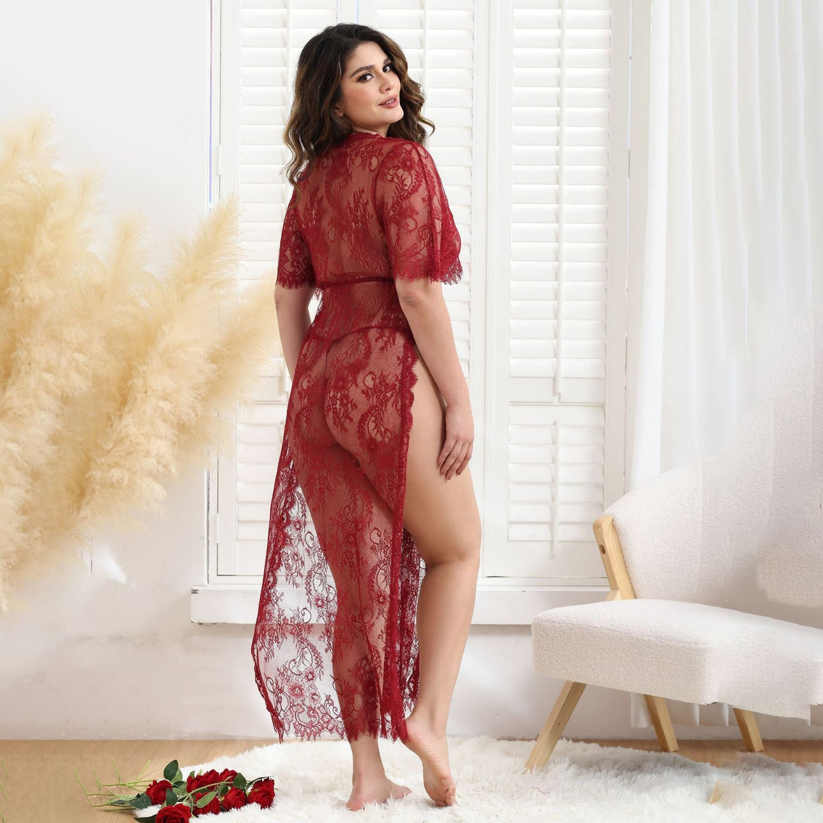 Floral Lace Mesh Long Gown - Plus Size Lingerie