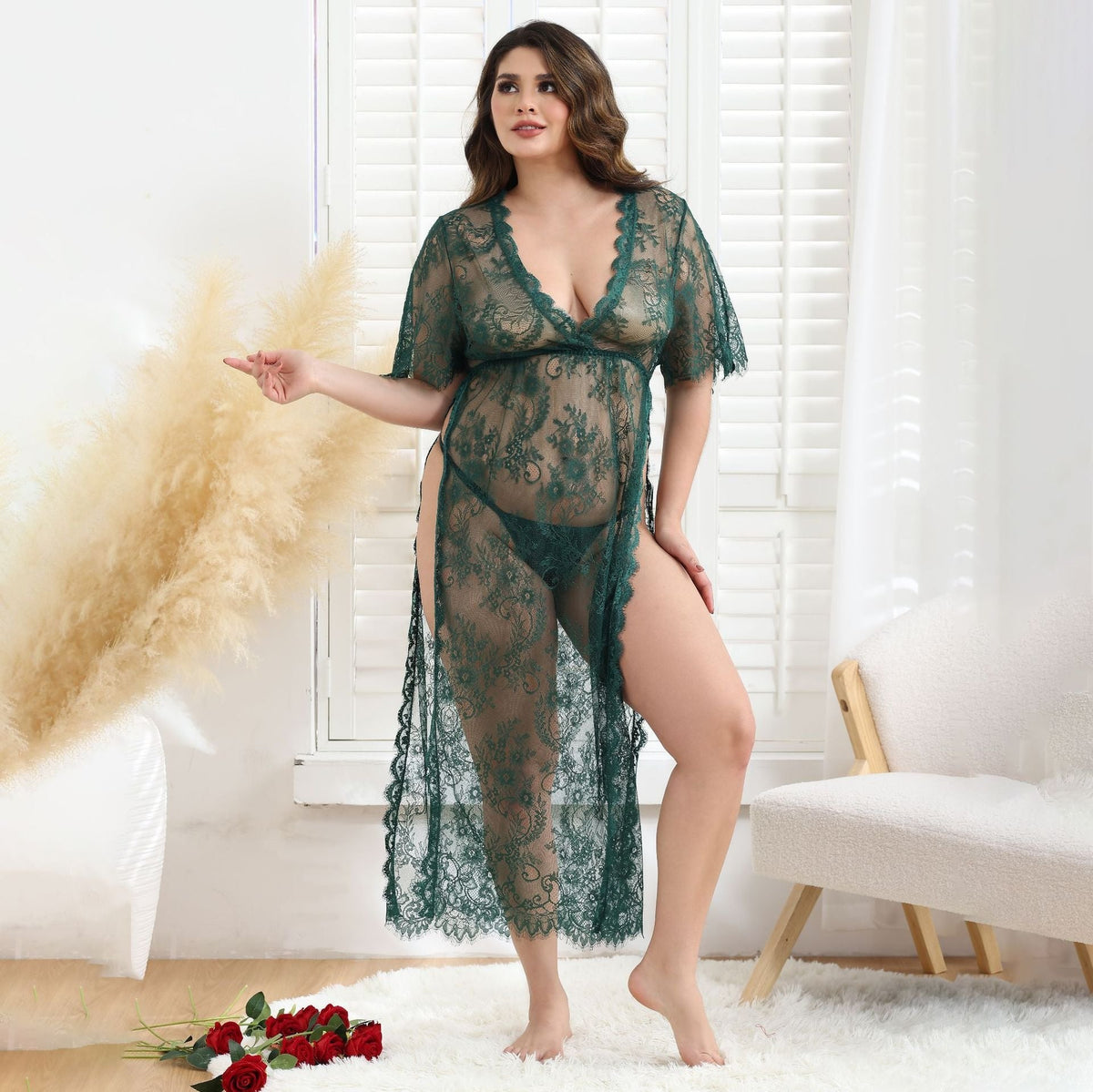 Floral Lace Mesh Long Gown - Plus Size Lingerie