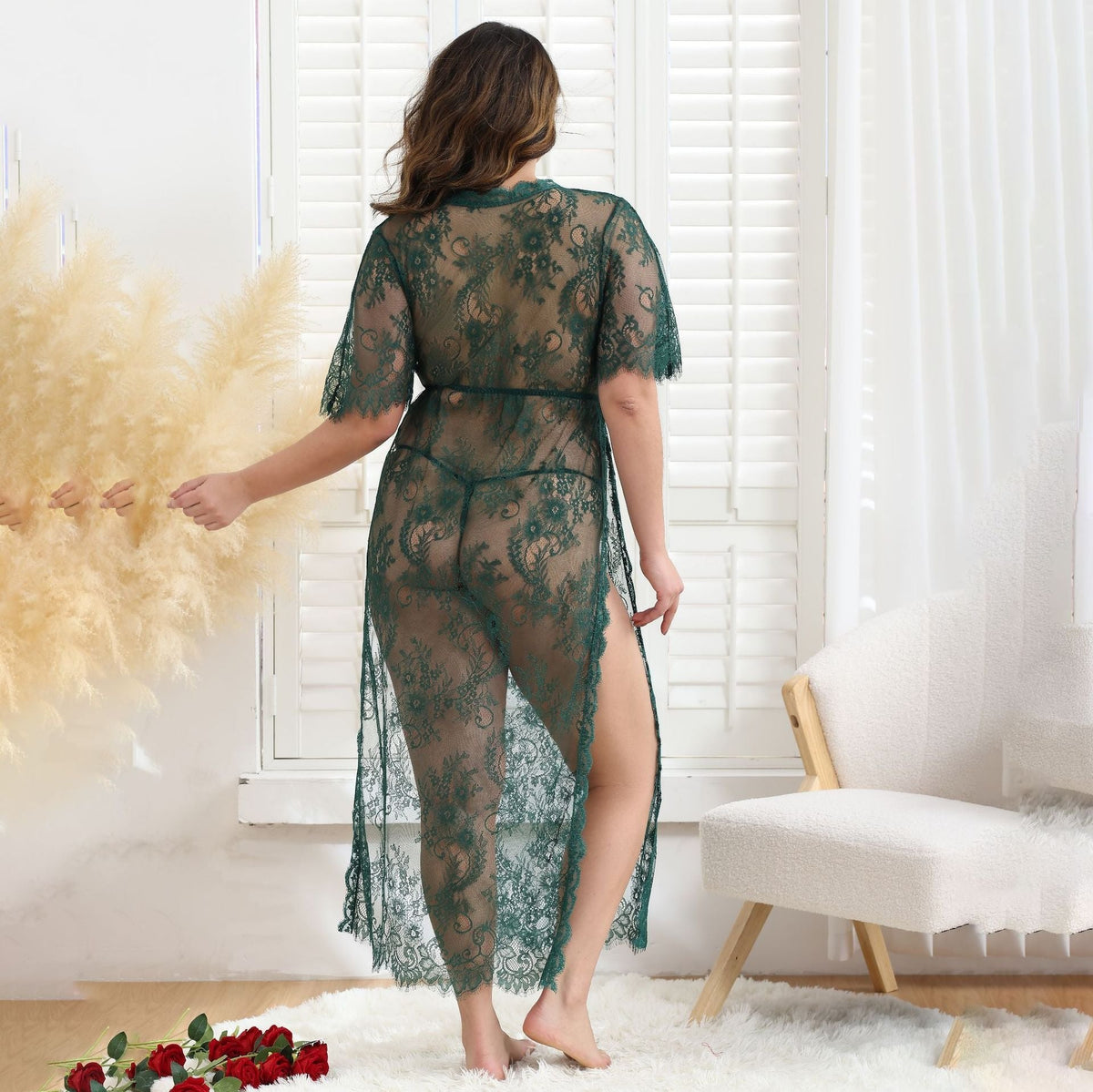 Floral Lace Mesh Long Gown - Plus Size Lingerie
