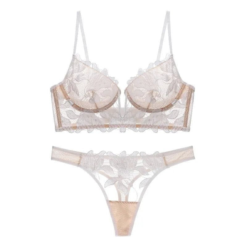 Floral Lace Plunge Bridal Bra Set - Lingerie Set for Women
