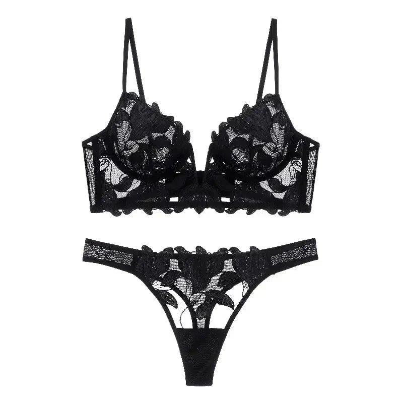 Floral Lace Plunge Bridal Bra Set - Lingerie Set for Women