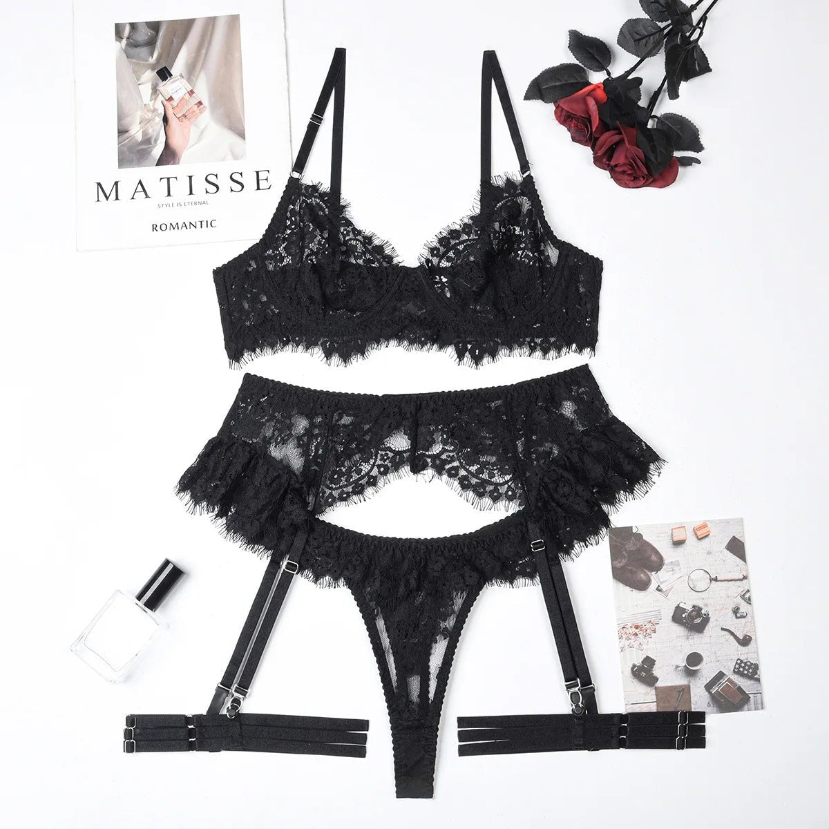 Floral Lace Ruffle Garter Set - Garter Lingerie Set