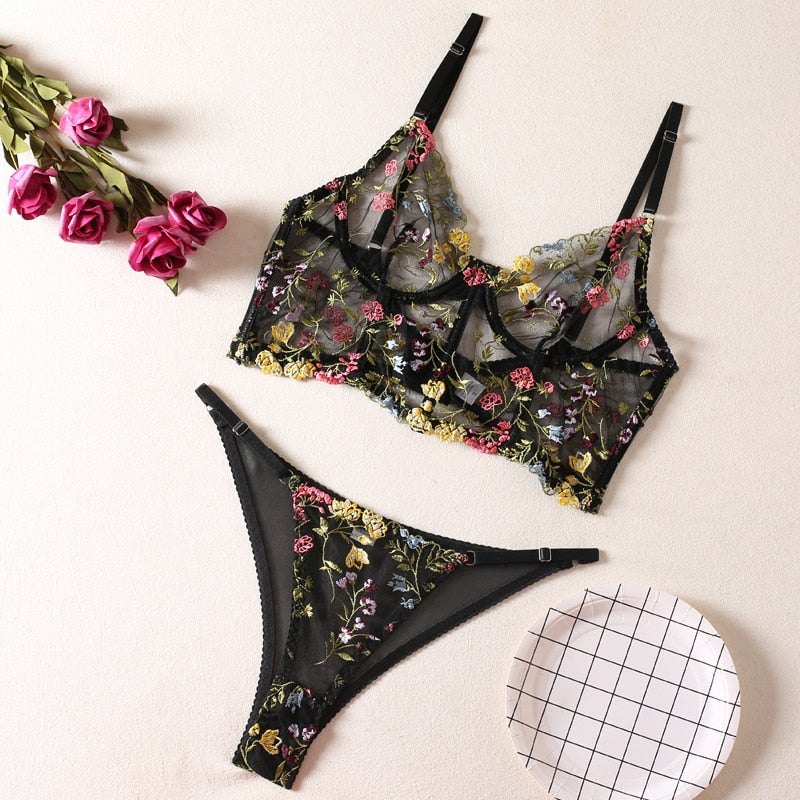 Floral Lace Sheer Bra Set - Lingerie Set for Women