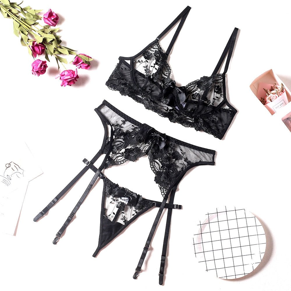 Floral Lace Sheer Mesh Garter Set - Garter Lingerie Set