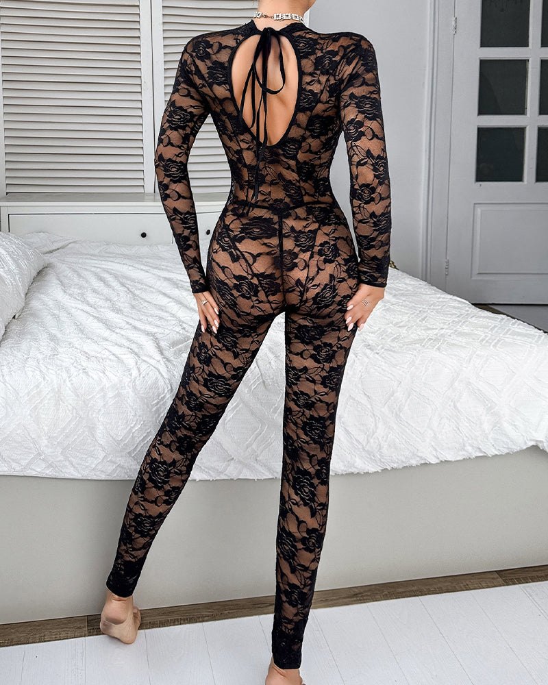 Floral Lace Sheer Unitard - Sexy Bodystocking Lingerie