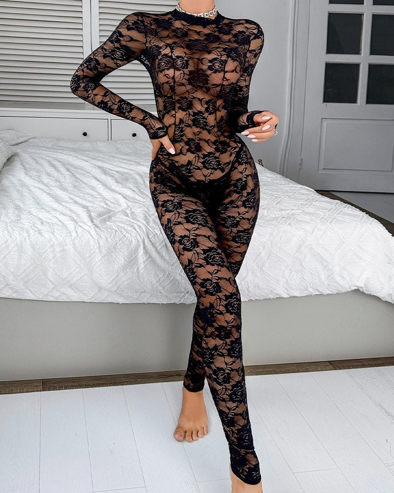 Floral Lace Sheer Unitard - Sexy Bodystocking Lingerie