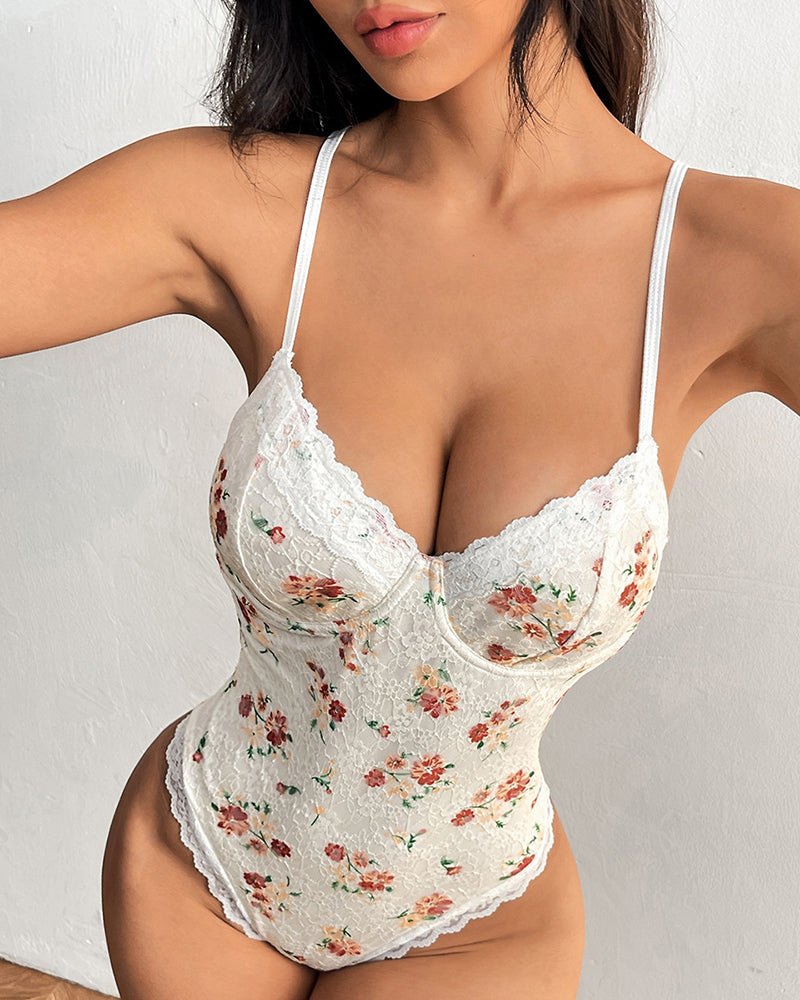 Floral Lace-Up Backless Bodysuit - Lingerie Bodysuit for Women