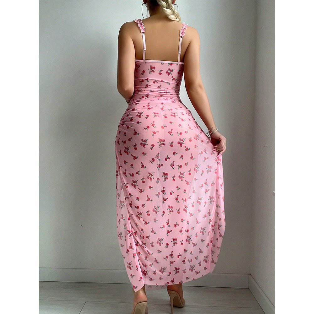 Floral Mesh Halter Nightgown - Sexy Sleepwear for Women