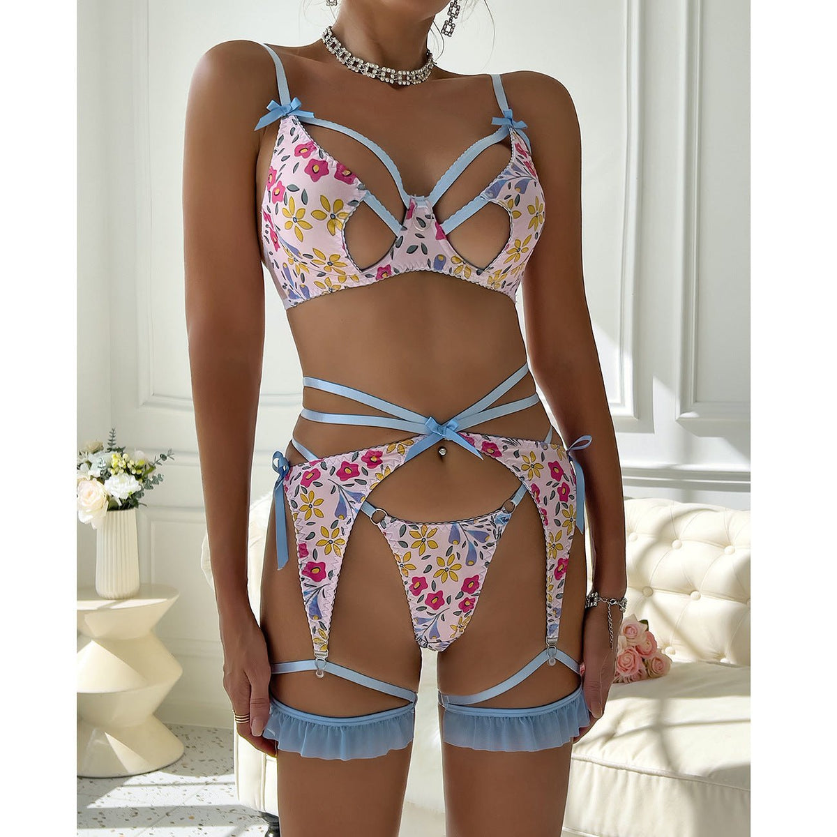 Floral Print Strappy Garter Set - Garter Lingerie Set