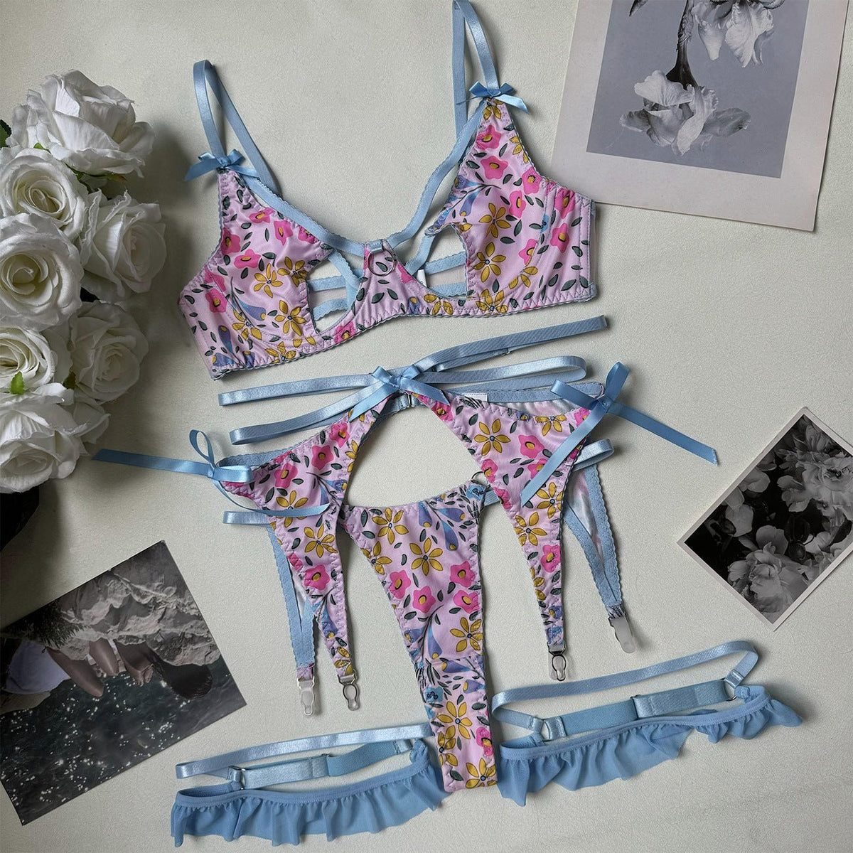 Floral Print Strappy Garter Set - Garter Lingerie Set