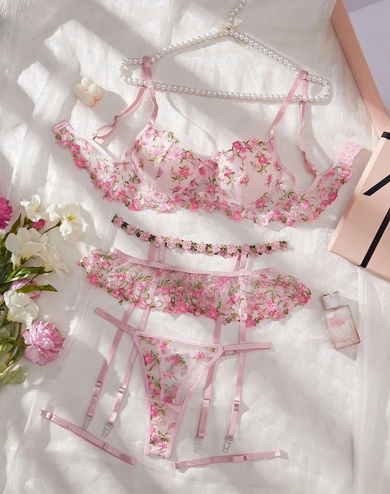 Floral Three-Piece Lingerie Set - Bra and Panty Set