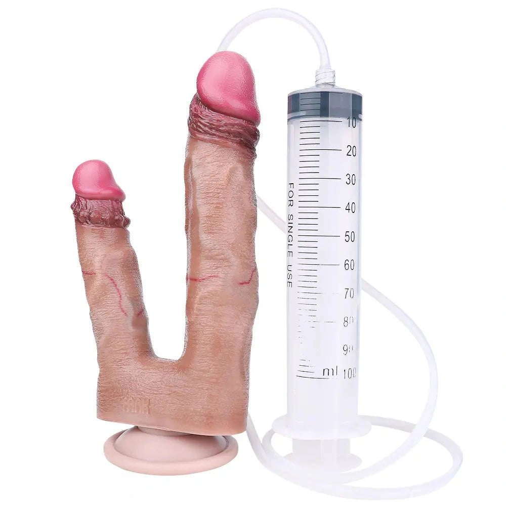 Forked Ejaculating Dual Dildo - Silicone Suction Cup Dildo