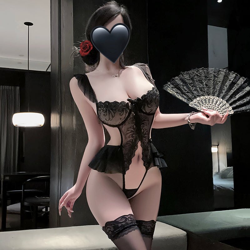 Frill Lace Teddy with Bow - One Piece Lingerie