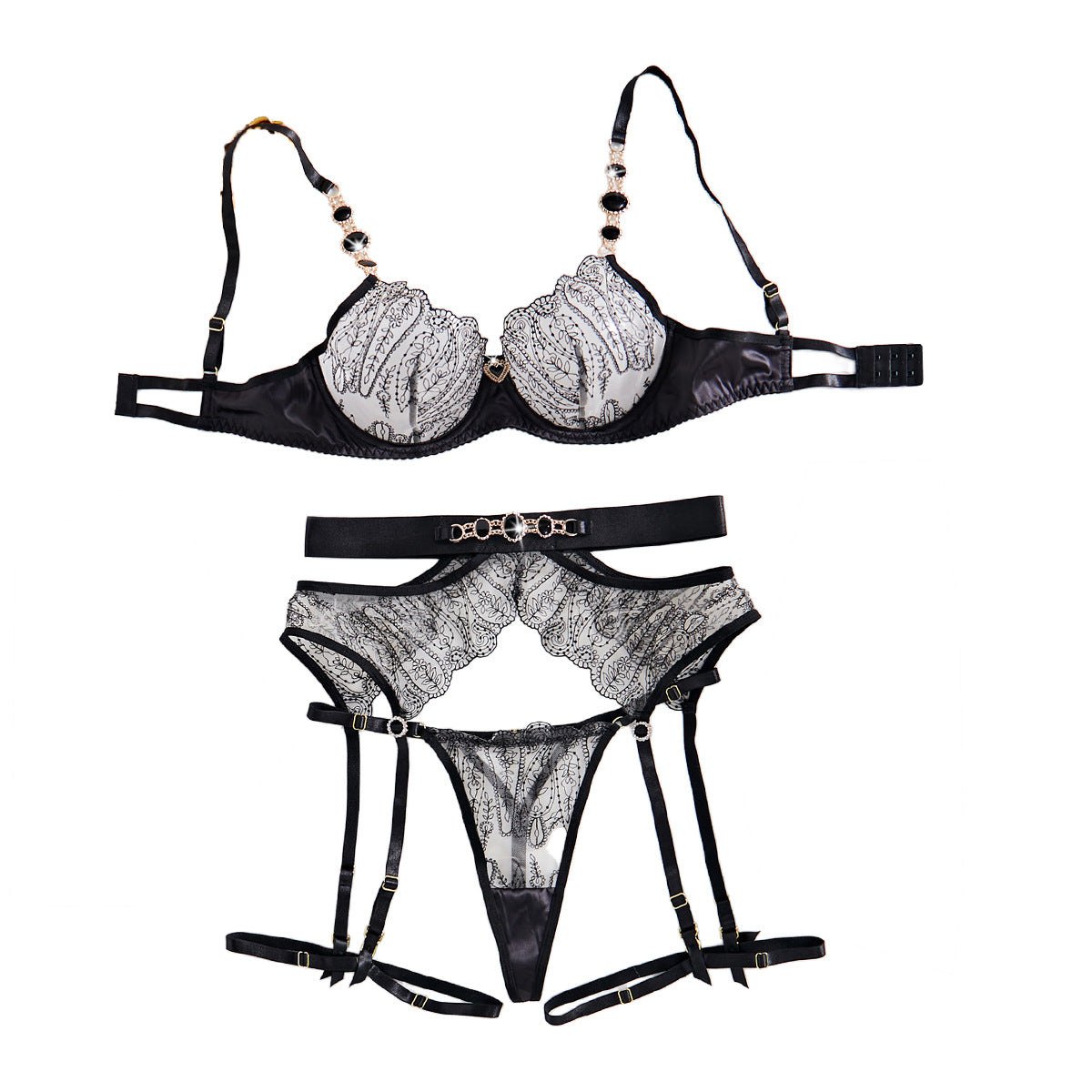 Gemstone Chain Embroidered Bra Set - Lingerie Set for Women