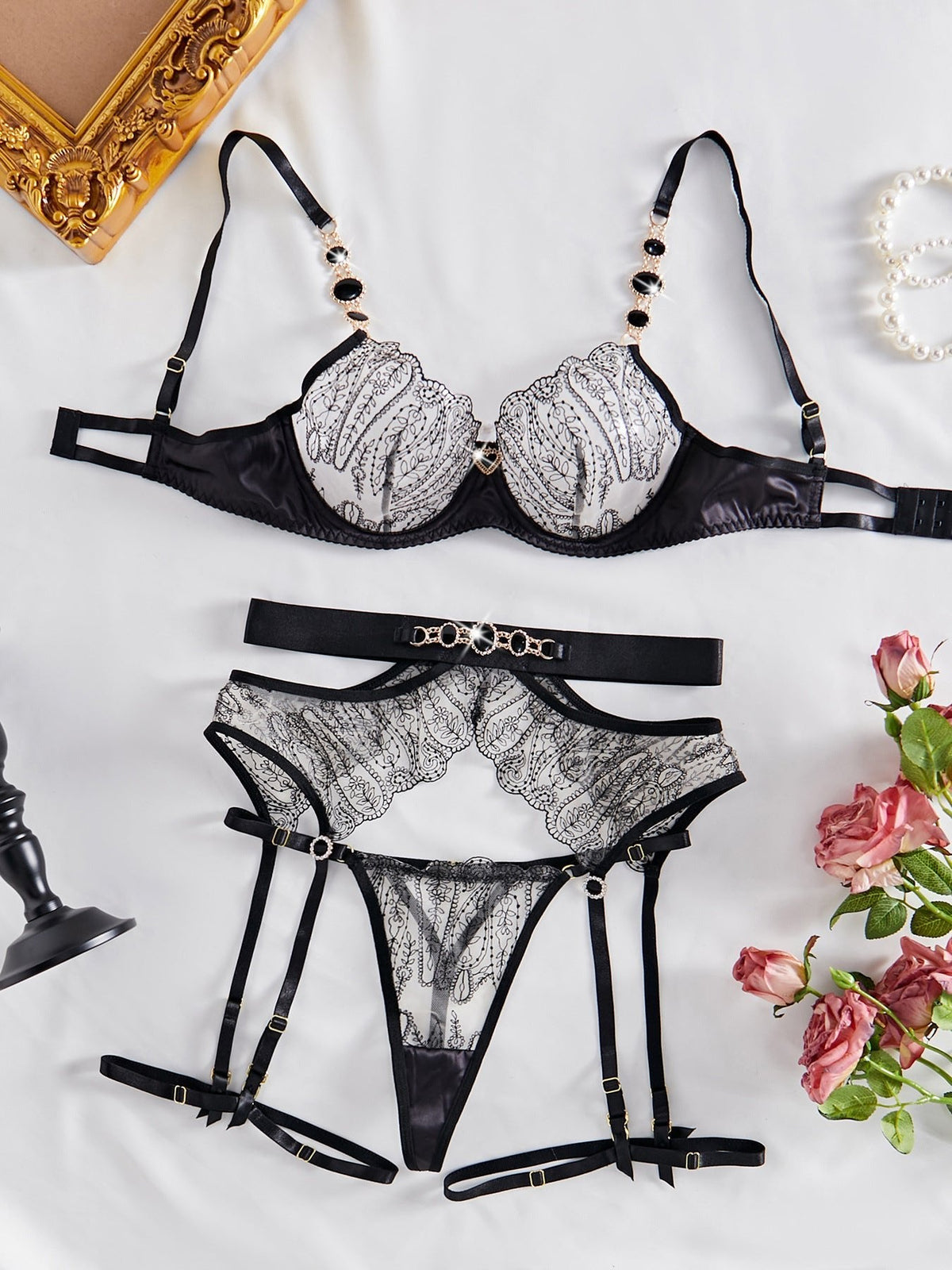 Gemstone Chain Embroidered Bra Set - Lingerie Set for Women