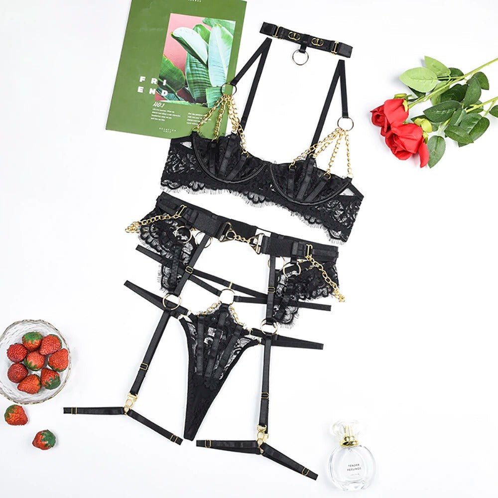 Gold Chain Lace Garter Set - Garter Lingerie Set
