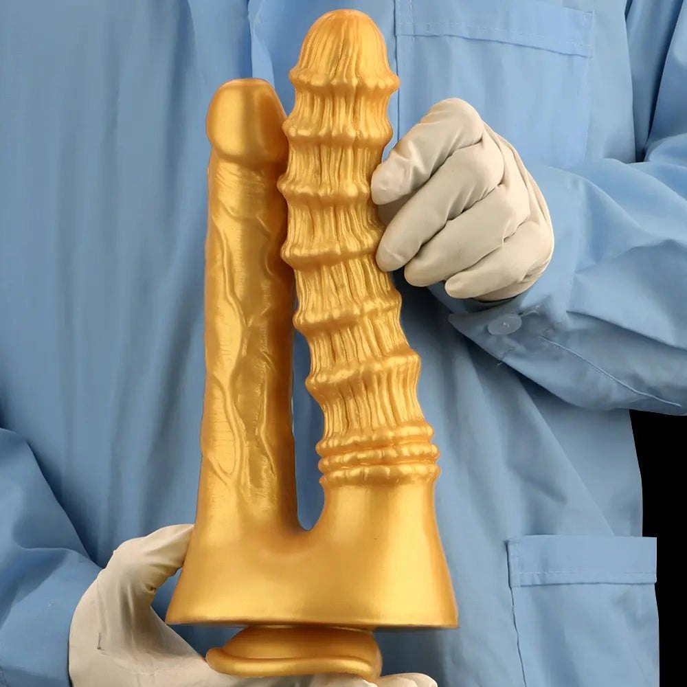 Gold Dual Shaft Suction Base Dildo - Strap On Dildo