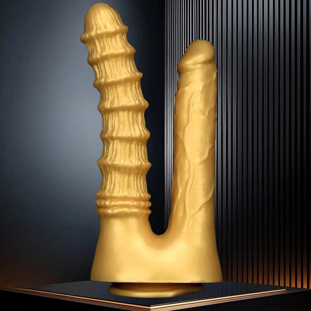 Gold Dual Shaft Suction Base Dildo - Strap On Dildo