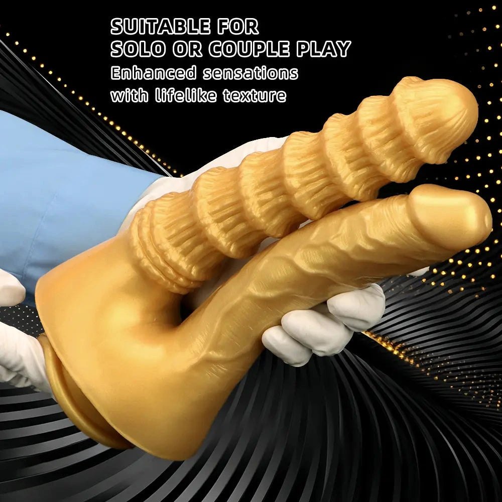 Gold Dual Shaft Suction Base Dildo - Strap On Dildo