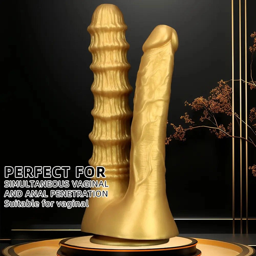 Gold Dual Shaft Suction Base Dildo - Strap On Dildo
