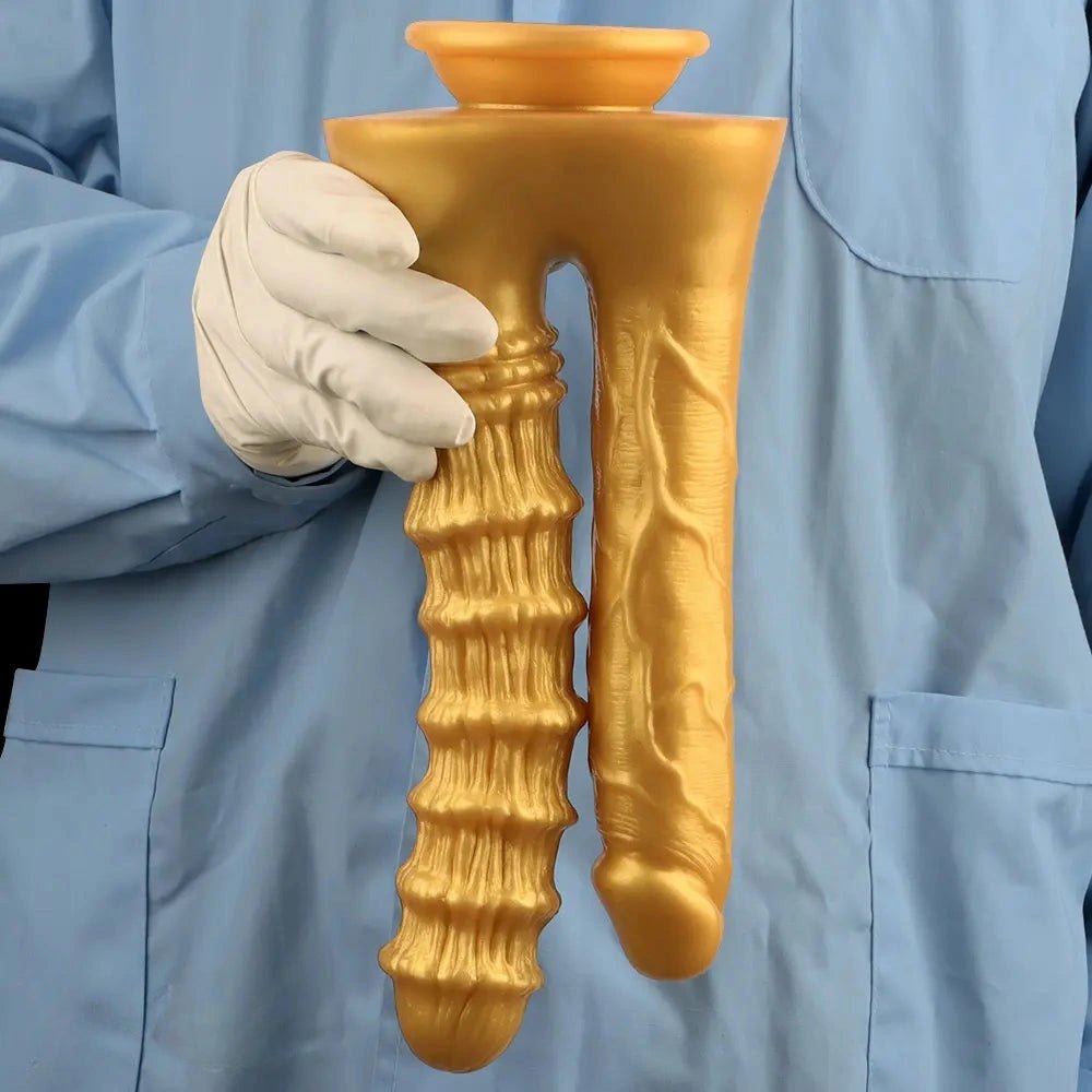 Gold Dual Shaft Suction Base Dildo - Strap On Dildo