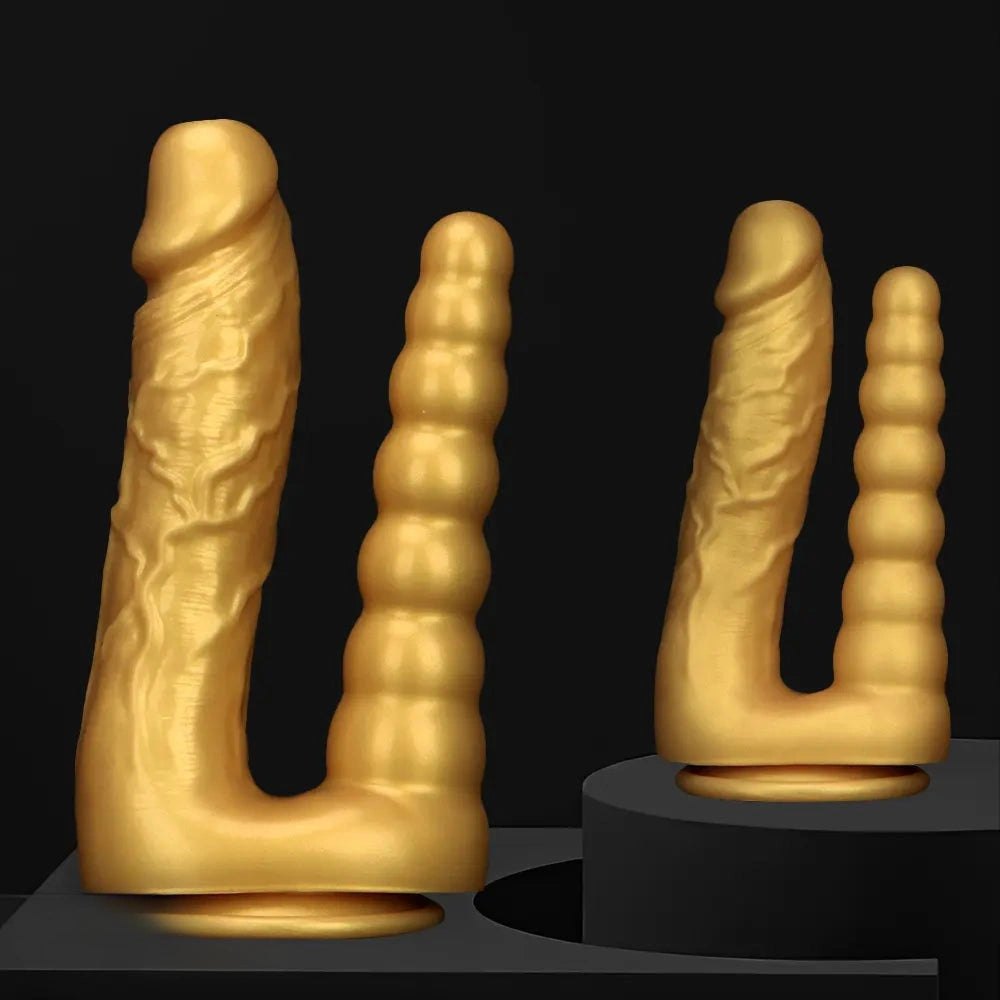 Gold Dual Shaft Suction Dildo - Silicone Suction Cup Dildo