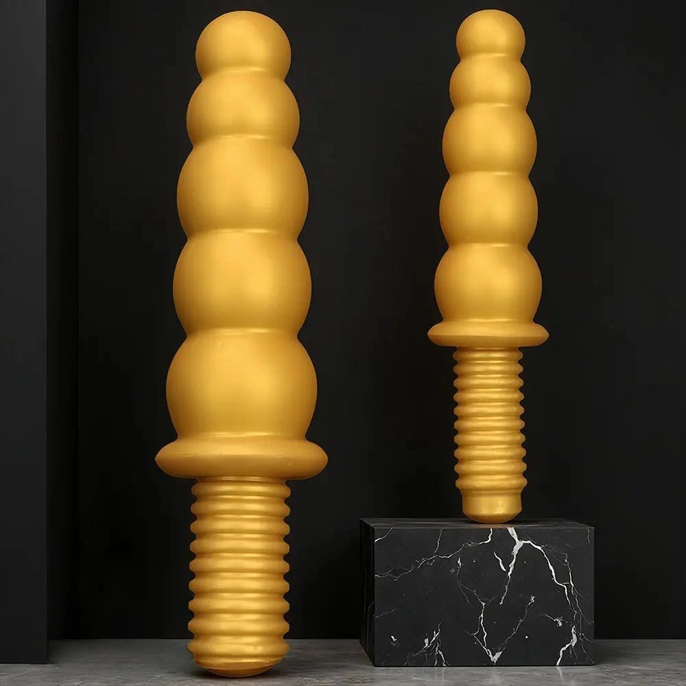 Gold Ribbed Anal Beads with Handle - G Spot Dildo
