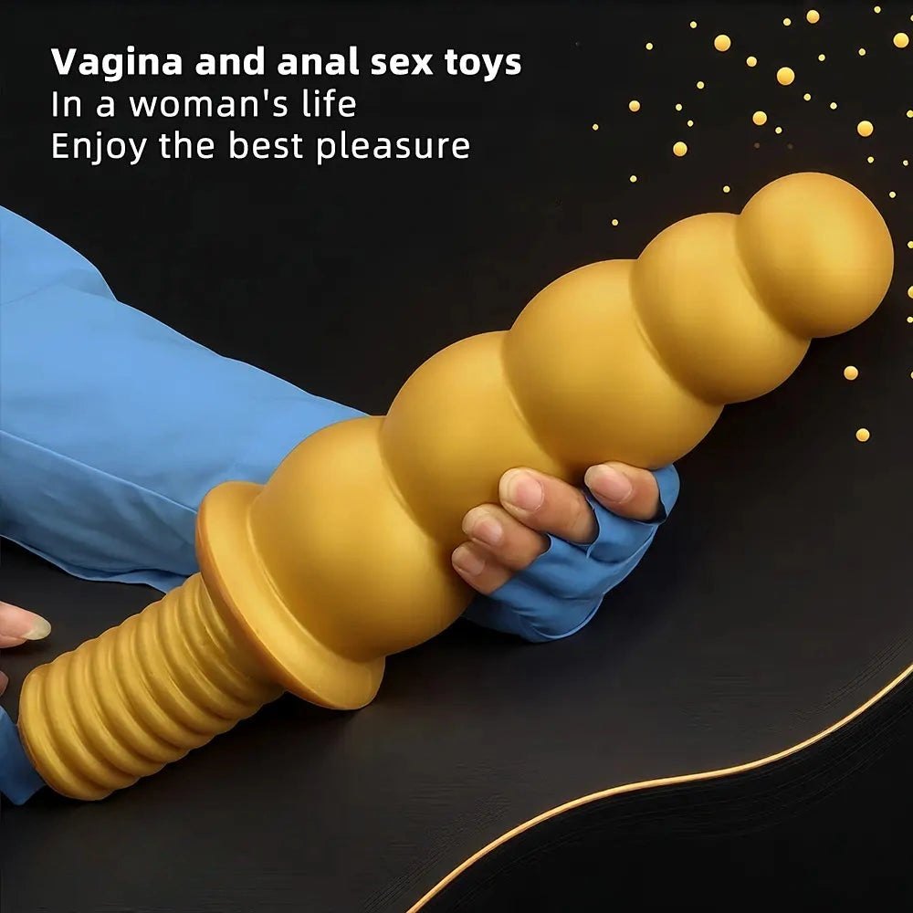 Gold Ribbed Anal Beads with Handle - G Spot Dildo