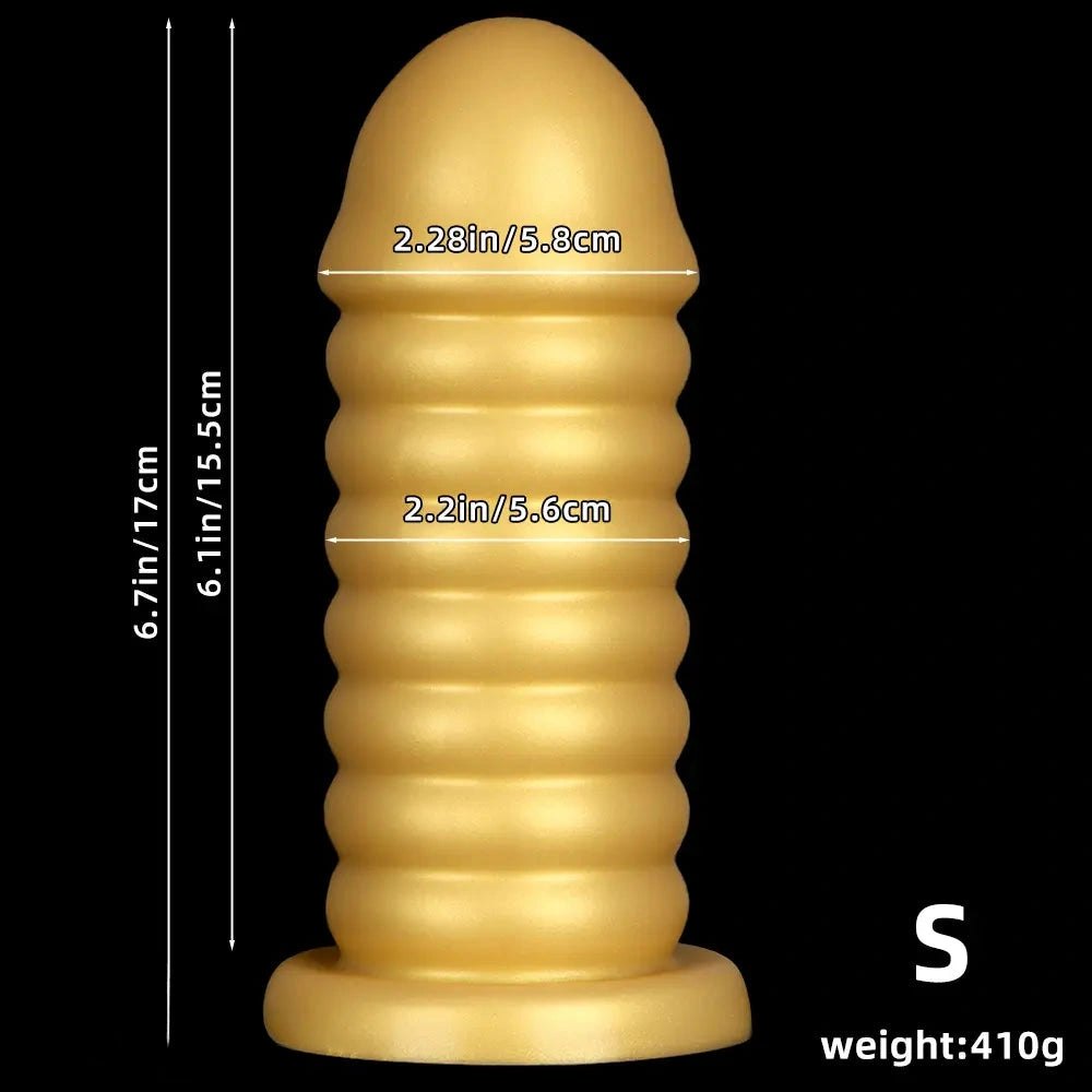 Gold Ribbed Suction Base Anal Dildo - Silicone Anal Sex Toy
