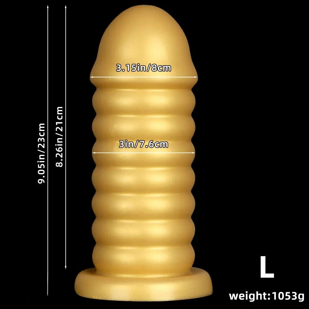 Gold Ribbed Suction Base Anal Dildo - Silicone Anal Sex Toy