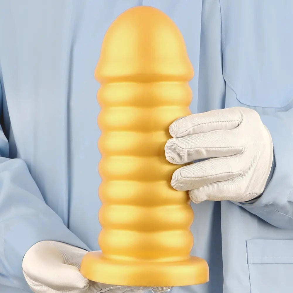 Gold Ribbed Suction Base Anal Dildo - Silicone Anal Sex Toy