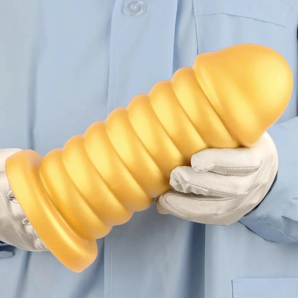 Gold Ribbed Suction Base Anal Dildo - Silicone Anal Sex Toy